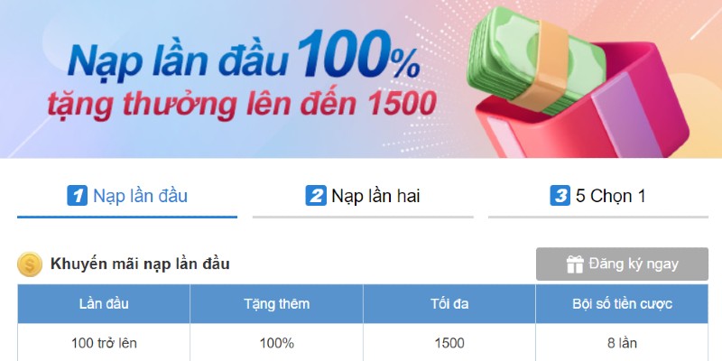 Ưu đãi nạp lần đầu nhận thưởng 100% siêu hấp dẫn tại THABET